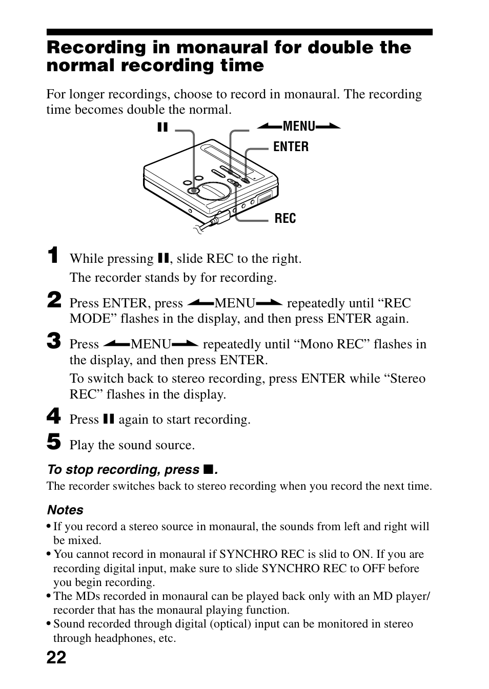 S 1 to 3 of, Recording in monaural | Sony MZ-R70 User Manual | Page 22 / 76