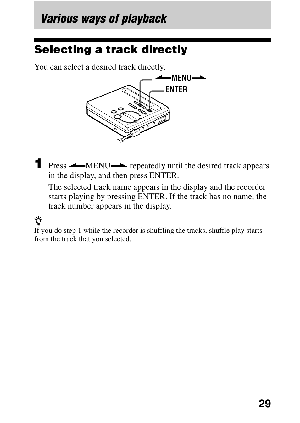 Various ways of playback, Selecting a track directly | Sony MZ-R70 User Manual | Page 29 / 76
