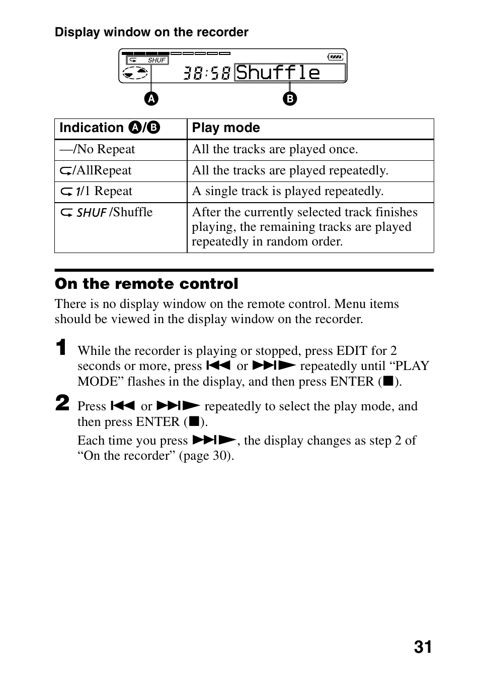On the remote control, Shuffle | Sony MZ-R70 User Manual | Page 31 / 76