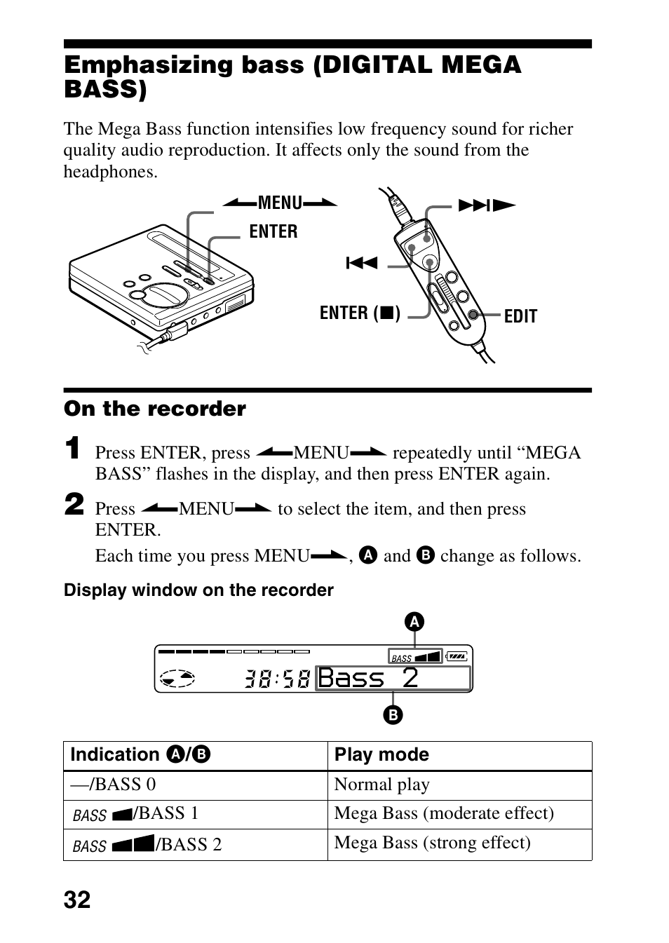 Emphasizing bass (digital mega bass), On the recorder, Bass 2 | 32 emphasizing bass (digital mega bass) | Sony MZ-R70 User Manual | Page 32 / 76