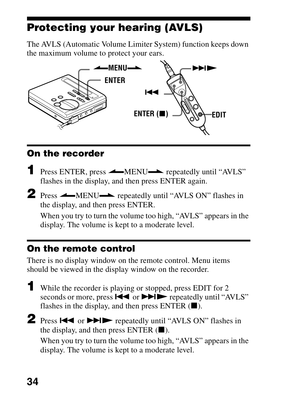 Protecting your hearing (avls), On the recorder on the remote control, 34 protecting your hearing (avls) | Sony MZ-R70 User Manual | Page 34 / 76