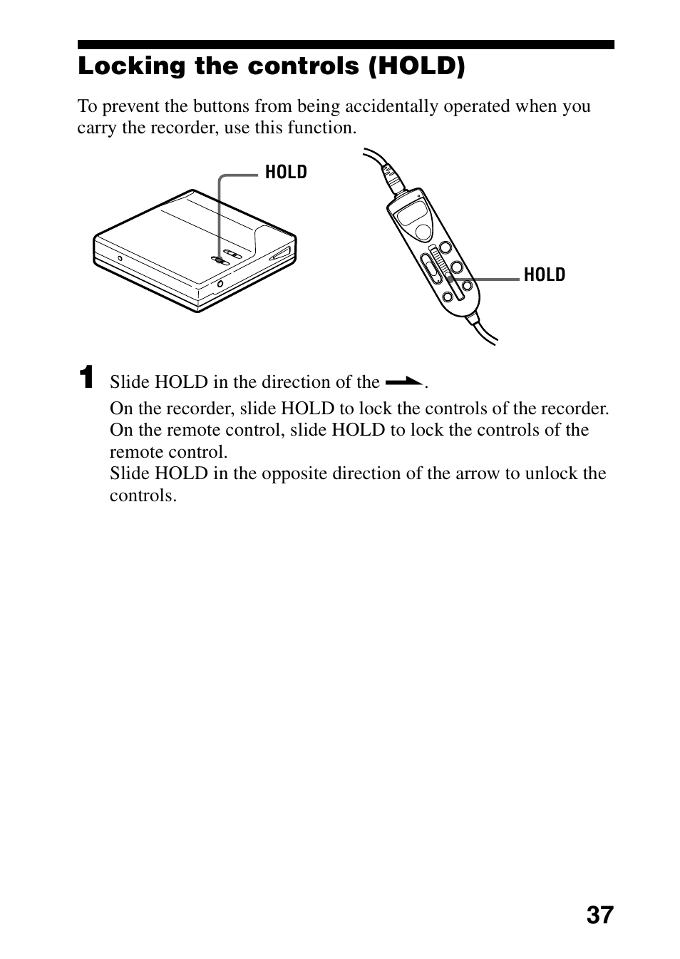 Locking the controls (hold), 37 locking the controls (hold) | Sony MZ-R70 User Manual | Page 37 / 76