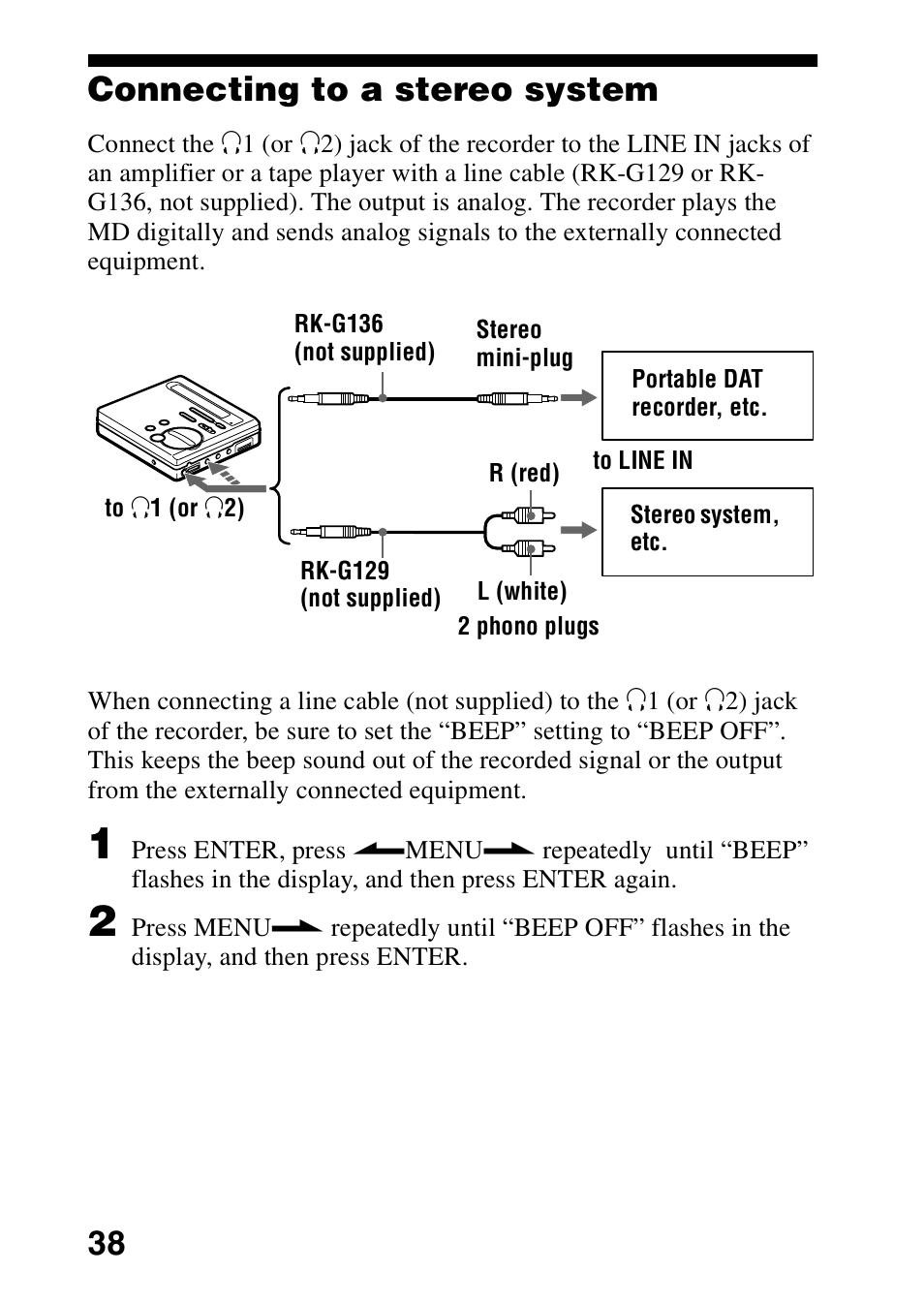 Connecting to a stereo system, 38 connecting to a stereo system | Sony MZ-R70 User Manual | Page 38 / 76