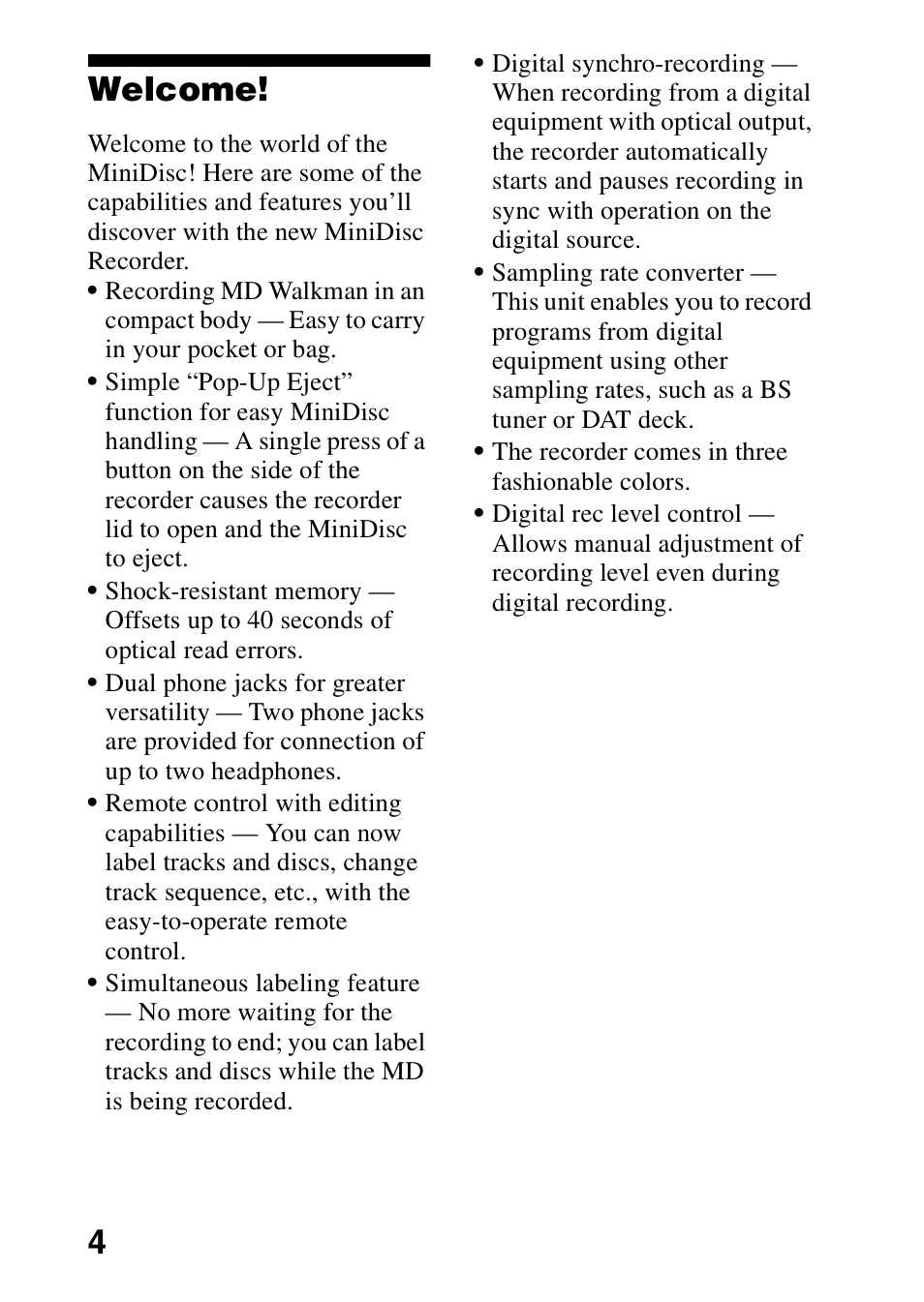 Welcome, 4welcome | Sony MZ-R70 User Manual | Page 4 / 76