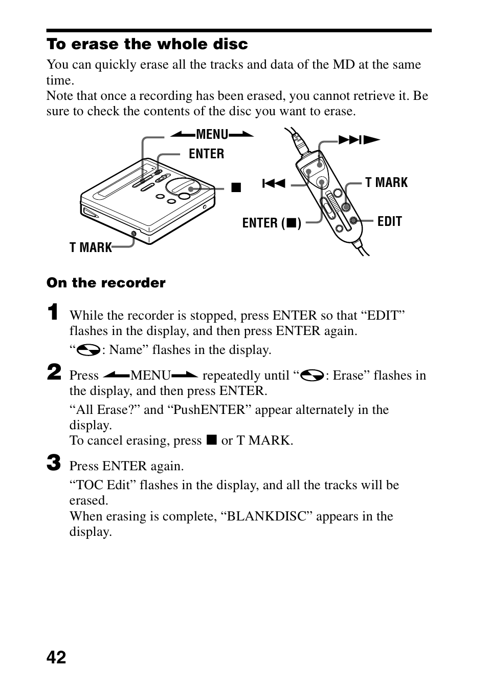 To erase the whole disc | Sony MZ-R70 User Manual | Page 42 / 76