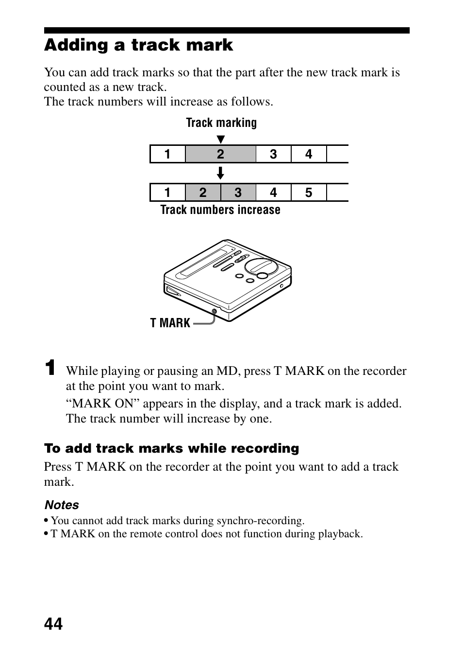 Adding a track mark, 44 adding a track mark | Sony MZ-R70 User Manual | Page 44 / 76