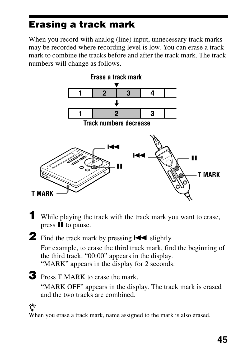 Erasing a track mark, 45 erasing a track mark | Sony MZ-R70 User Manual | Page 45 / 76