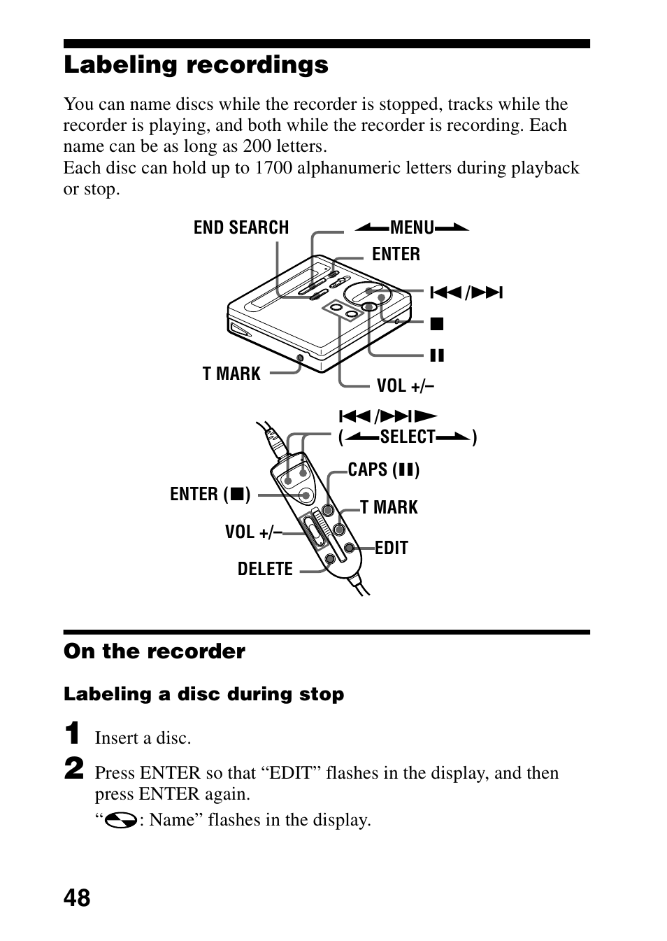 Labeling recordings, On the recorder, 48 labeling recordings | Sony MZ-R70 User Manual | Page 48 / 76