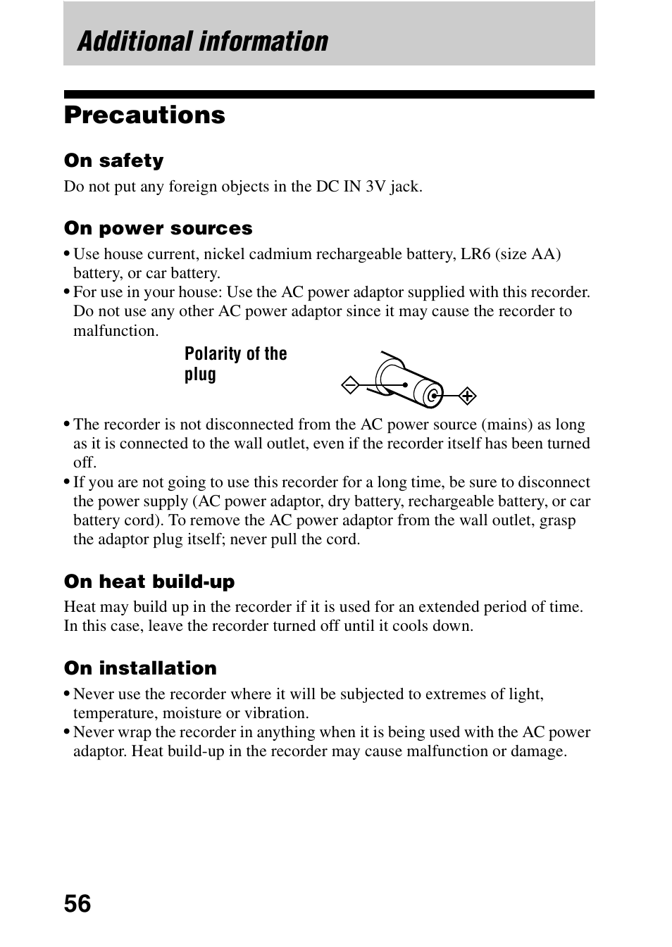 Additional information, Precautions | Sony MZ-R70 User Manual | Page 56 / 76