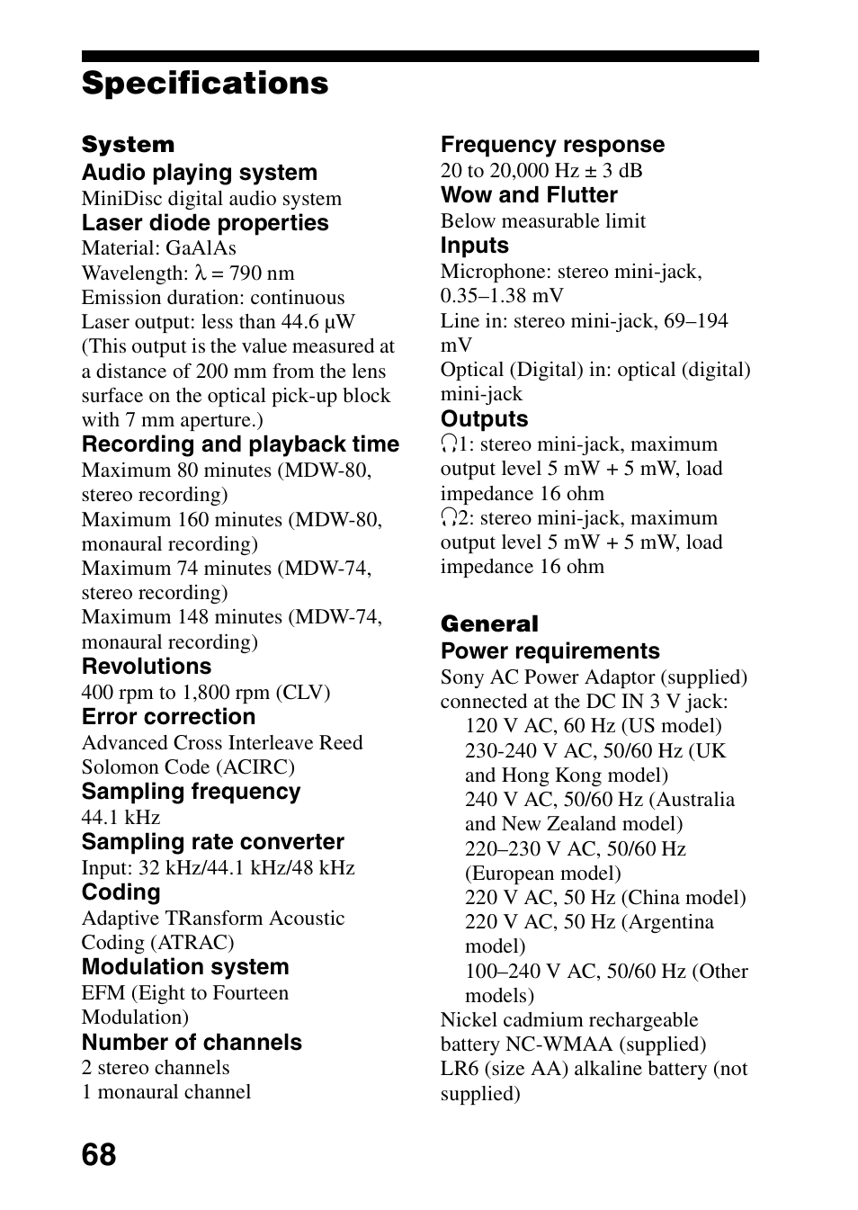 Specifications, 68 specifications | Sony MZ-R70 User Manual | Page 68 / 76
