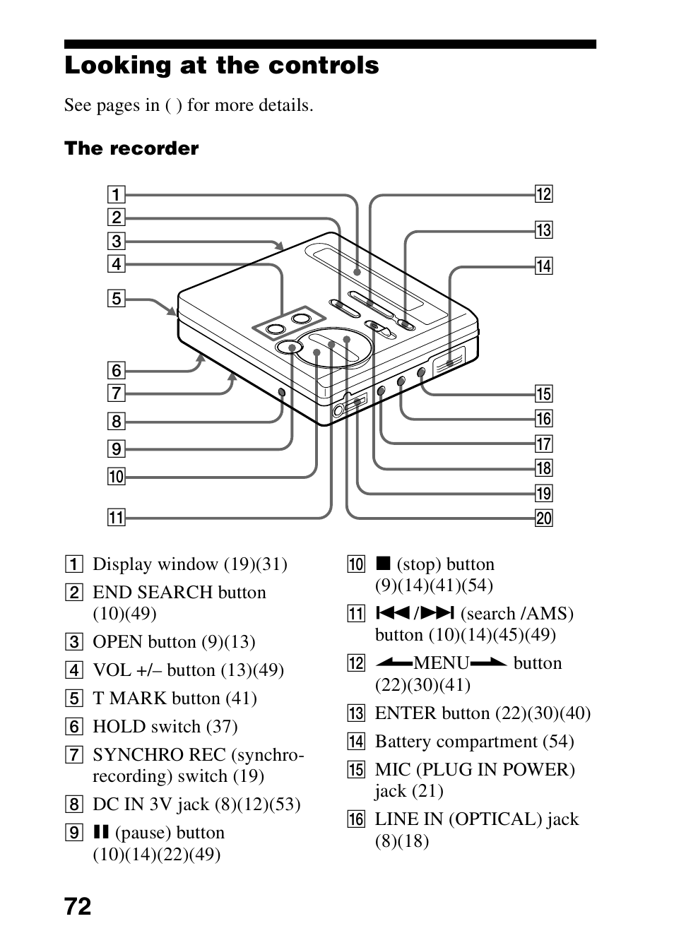 Looking at the controls, 72 looking at the controls | Sony MZ-R70 User Manual | Page 72 / 76