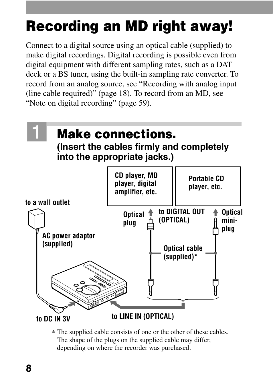 Recording an md right away, Make connections | Sony MZ-R70 User Manual | Page 8 / 76
