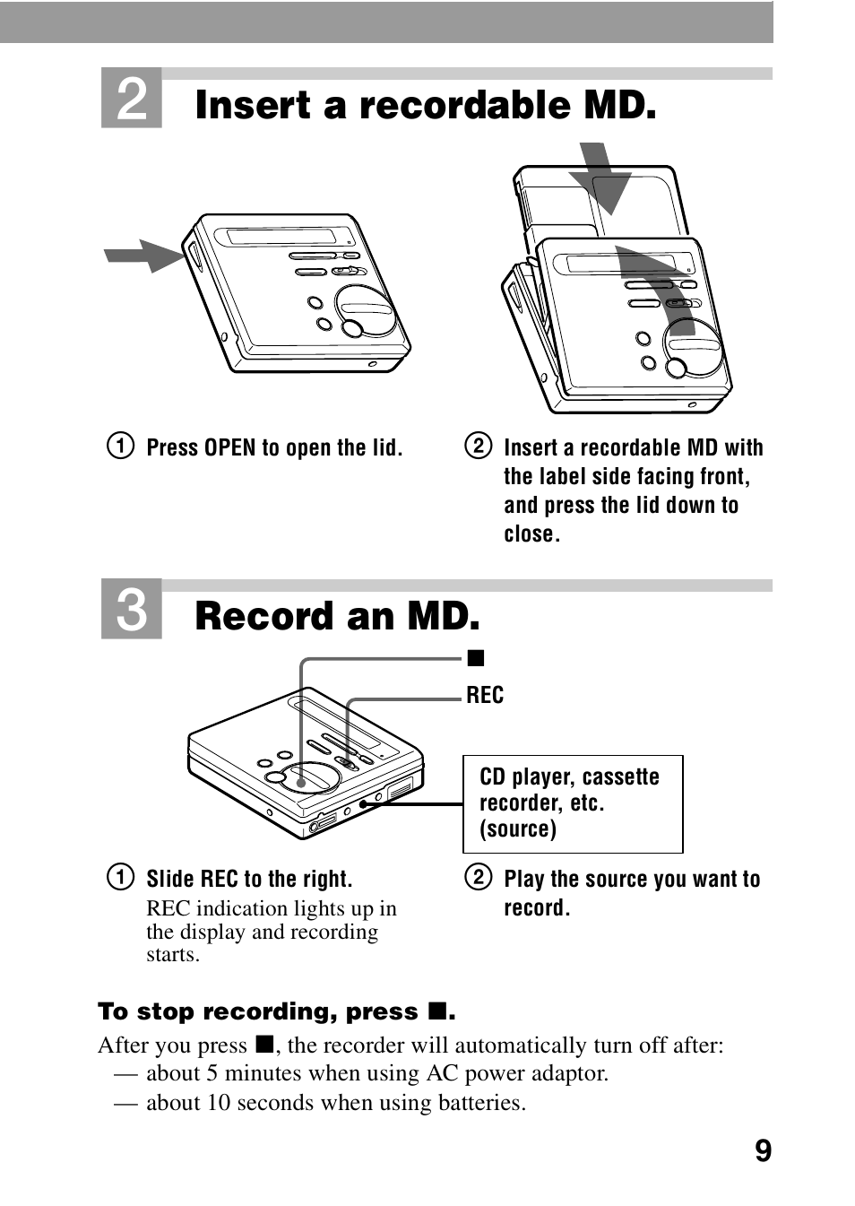 Insert a recordable md, Record an md | Sony MZ-R70 User Manual | Page 9 / 76