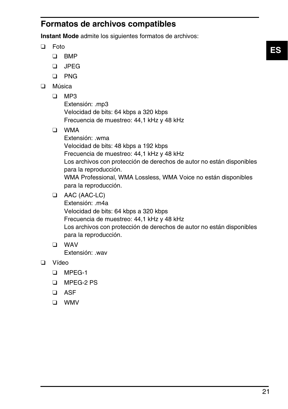 Formatos de archivos compatibles, Es formatos de archivos compatibles | Sony VGN-P588E User Manual | Page 21 / 60