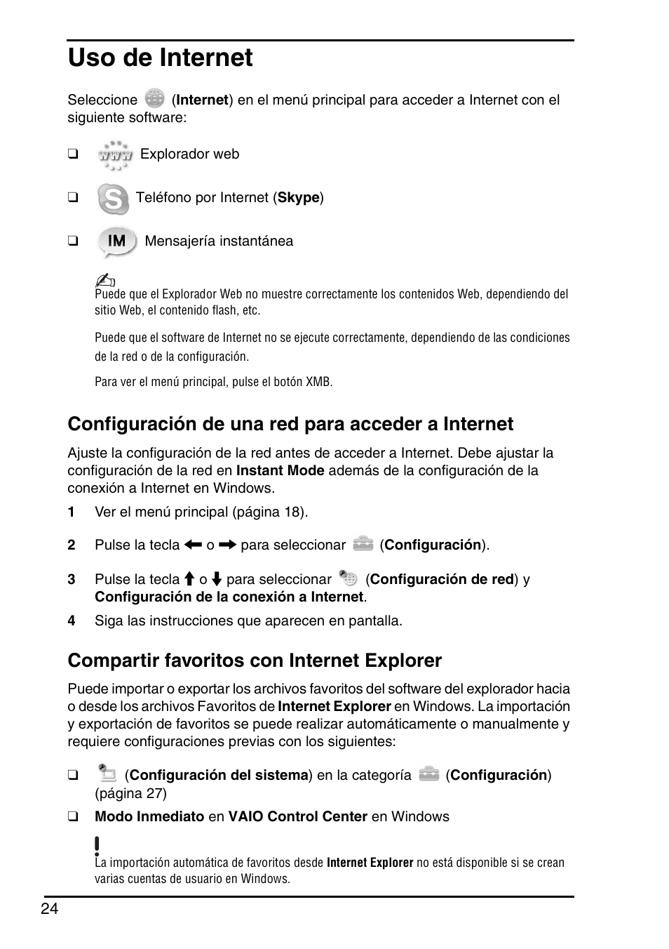 Uso de internet, Configuración de una red para acceder a internet, Compartir favoritos con internet explorer | Sony VGN-P588E User Manual | Page 24 / 60