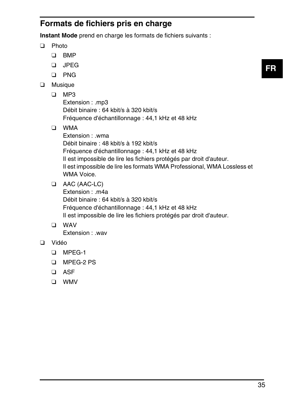 Formats de fichiers pris en charge, Fr formats de fichiers pris en charge | Sony VGN-P588E User Manual | Page 35 / 60