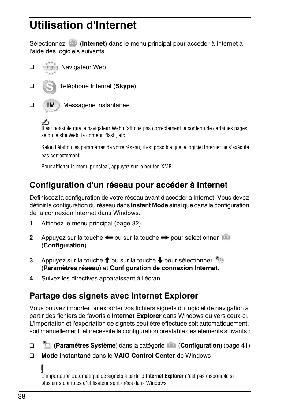 Utilisation d'internet, Configuration d'un réseau pour accéder à internet, Partage des signets avec internet explorer | Sony VGN-P588E User Manual | Page 38 / 60