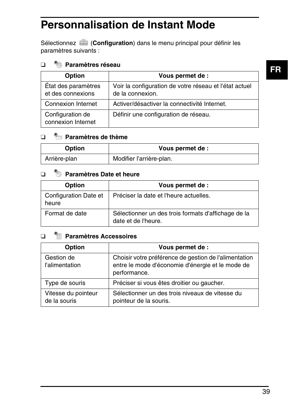 Personnalisation de instant mode | Sony VGN-P588E User Manual | Page 39 / 60