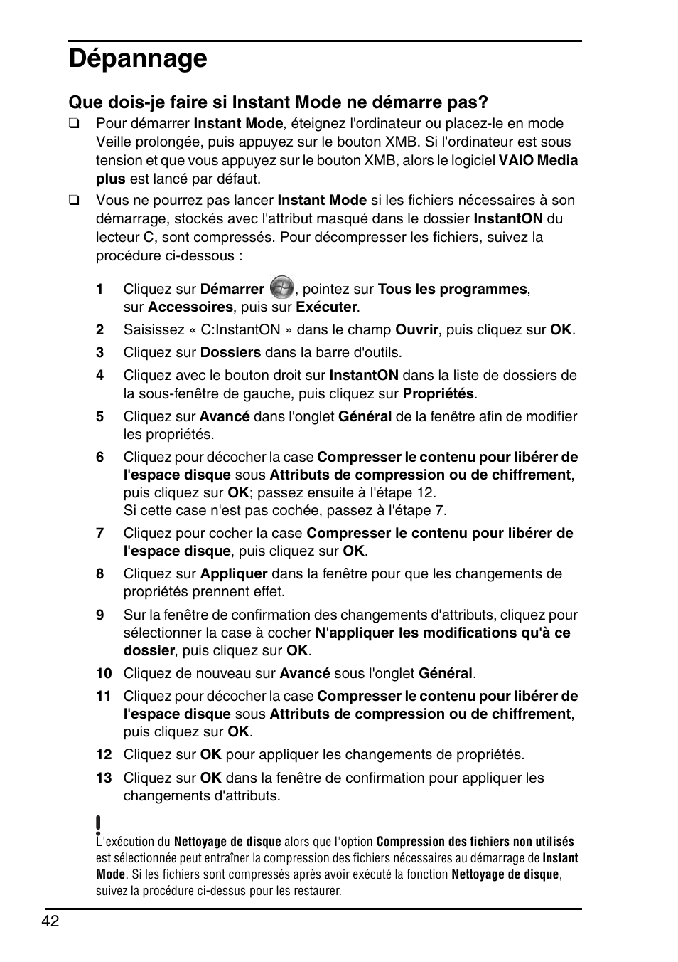 Dépannage, Que dois-je faire si instant mode ne démarre pas | Sony VGN-P588E User Manual | Page 42 / 60