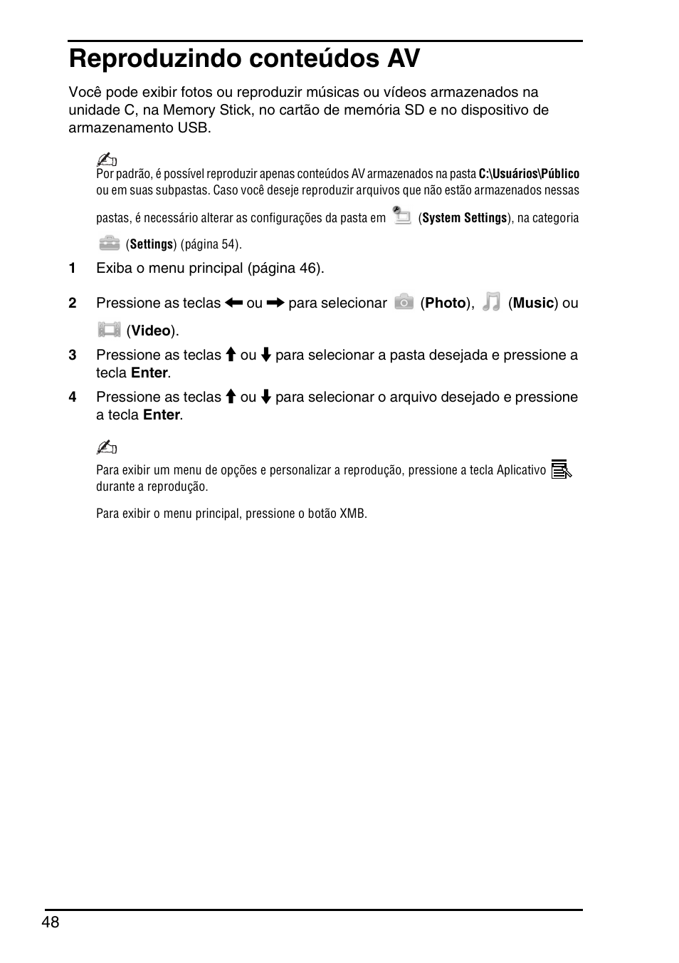 Reproduzindo conteúdos av | Sony VGN-P588E User Manual | Page 48 / 60