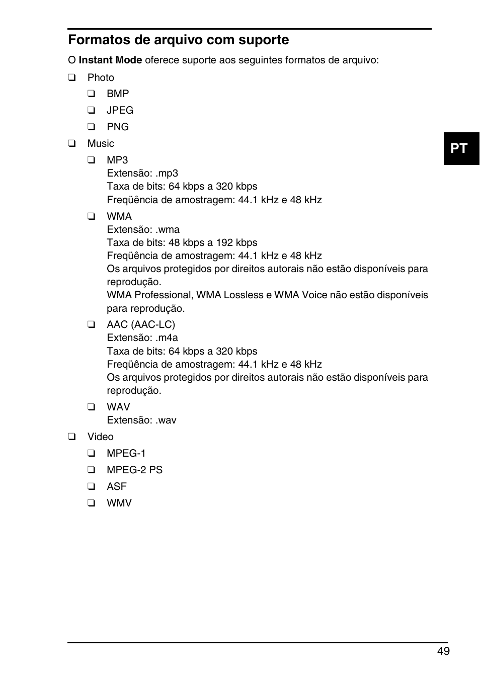 Formatos de arquivo com suporte, Pt formatos de arquivo com suporte | Sony VGN-P588E User Manual | Page 49 / 60