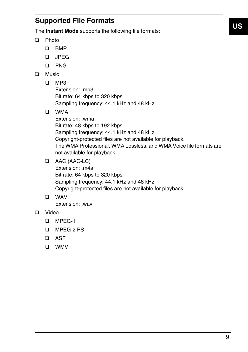 Supported file formats, Us supported file formats | Sony VGN-P588E User Manual | Page 9 / 60