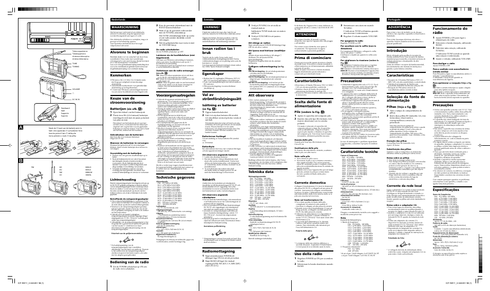 Alvorens te beginnen, Kenmerken, Keuze van de stroomvoorziening | Bediening van de radio, Voorzorgsmaatregelen, Technische gegevens, Innan radion tas i bruk, Egenskaper, Val av strömförsörjningssätt, Radiomottagning | Sony ICF-SW11 User Manual | Page 2 / 2