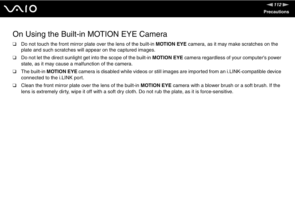 On using the built-in motion eye camera | Sony VGN-FZ145E User Manual | Page 112 / 181