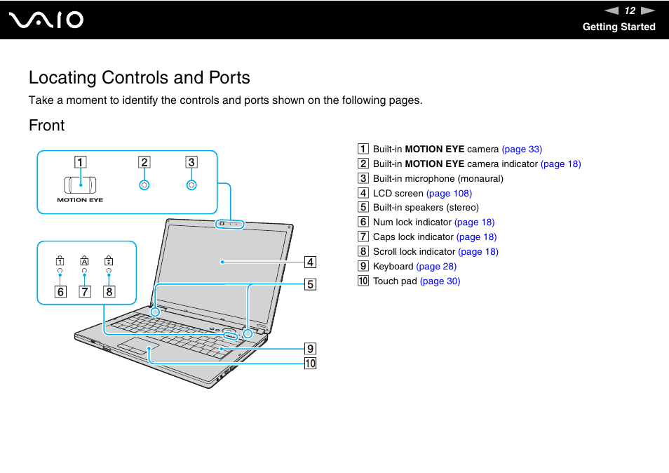 Locating controls and ports, Front | Sony VGN-FZ145E User Manual | Page 12 / 181