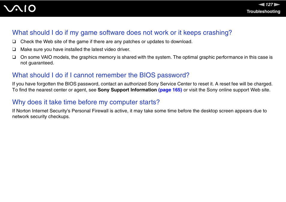 Why does it take time before my computer starts | Sony VGN-FZ145E User Manual | Page 127 / 181
