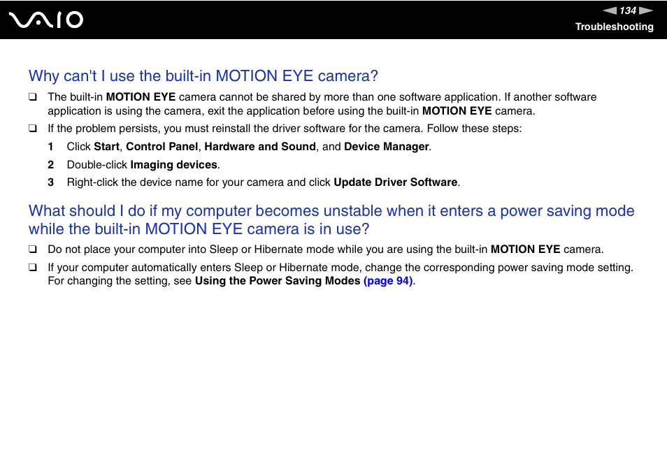 Why can't i use the built-in motion eye camera | Sony VGN-FZ145E User Manual | Page 134 / 181