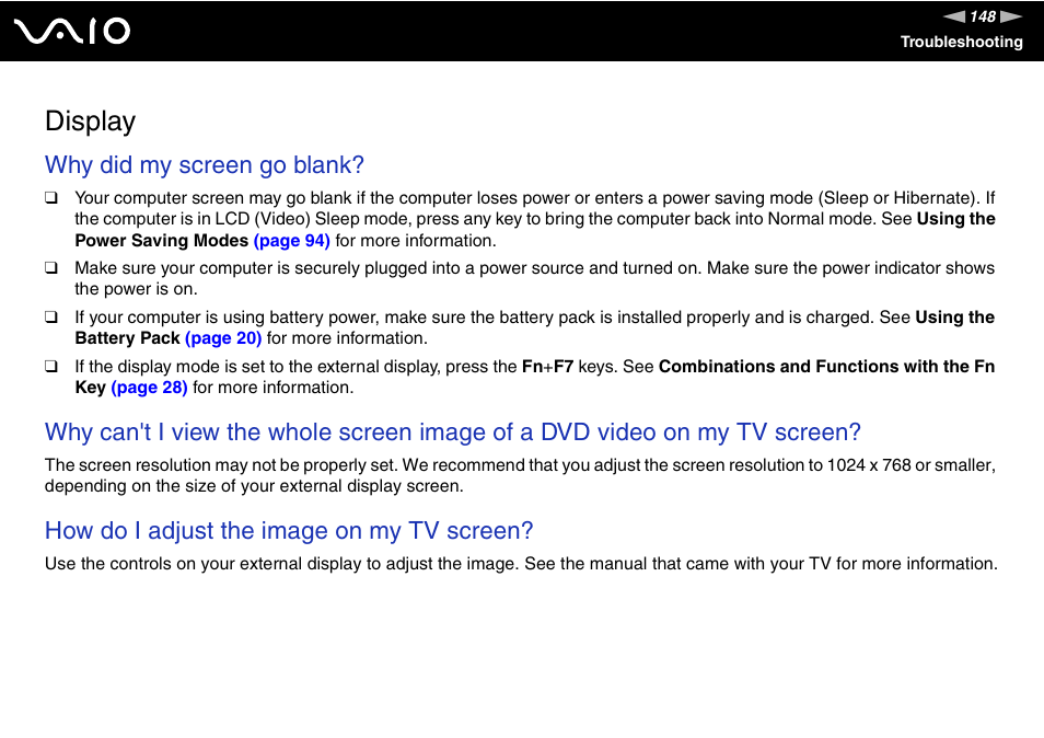 Display, Why did my screen go blank, How do i adjust the image on my tv screen | Sony VGN-FZ145E User Manual | Page 148 / 181