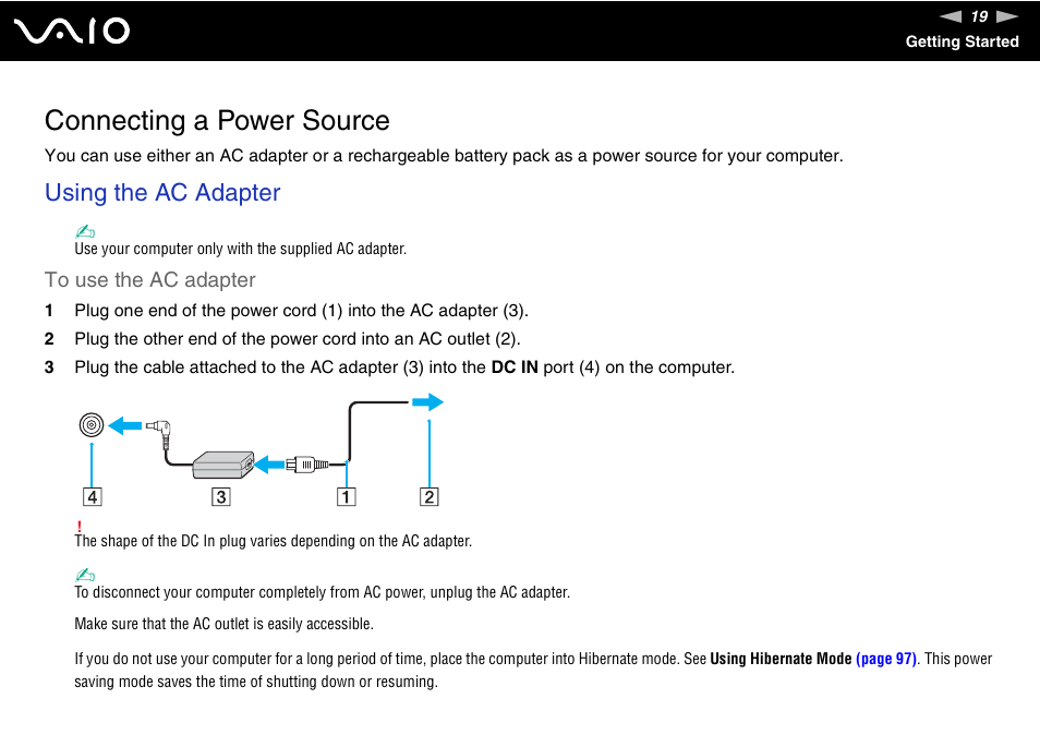 Connecting a power source, Using the ac adapter | Sony VGN-FZ145E User Manual | Page 19 / 181