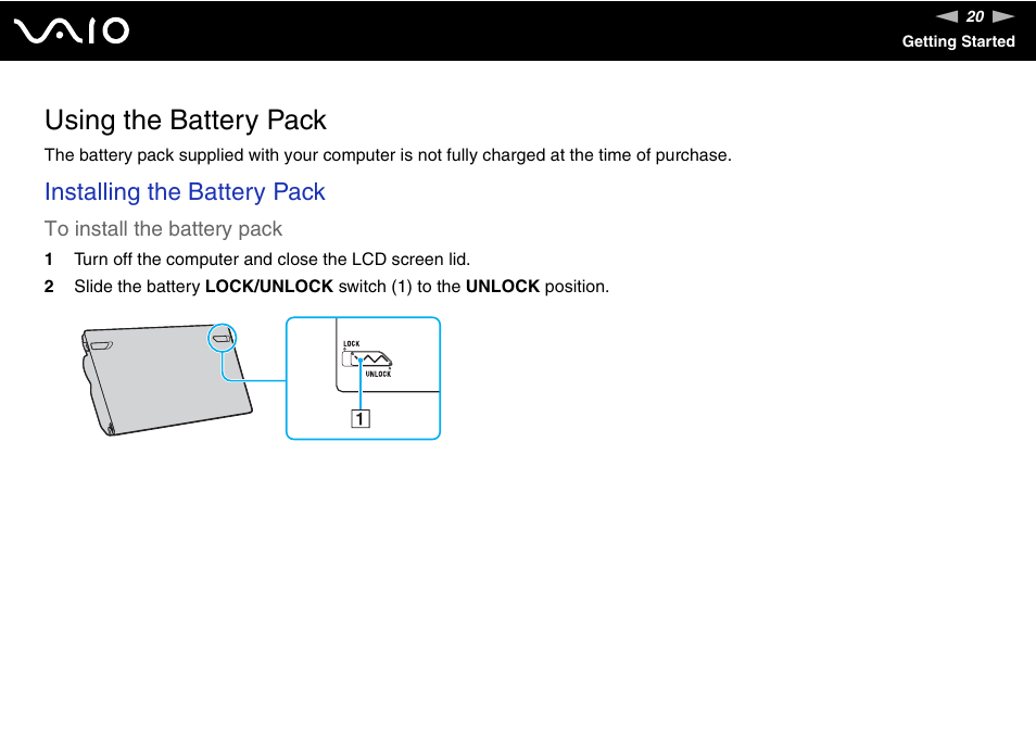 Using the battery pack, Installing the battery pack | Sony VGN-FZ145E User Manual | Page 20 / 181