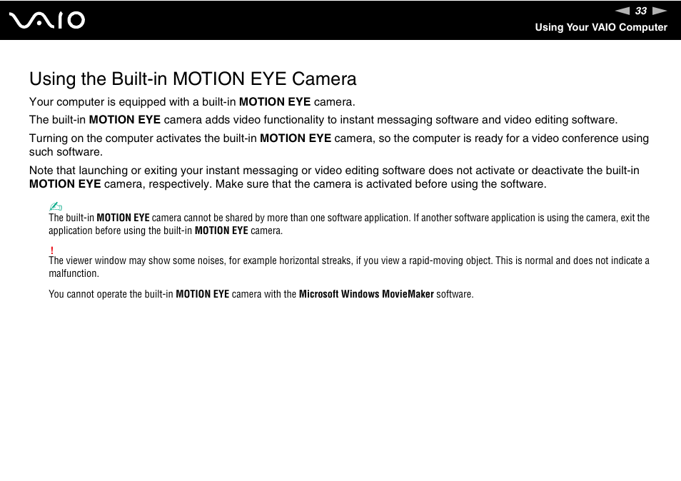 Using the built-in motion eye camera | Sony VGN-FZ145E User Manual | Page 33 / 181