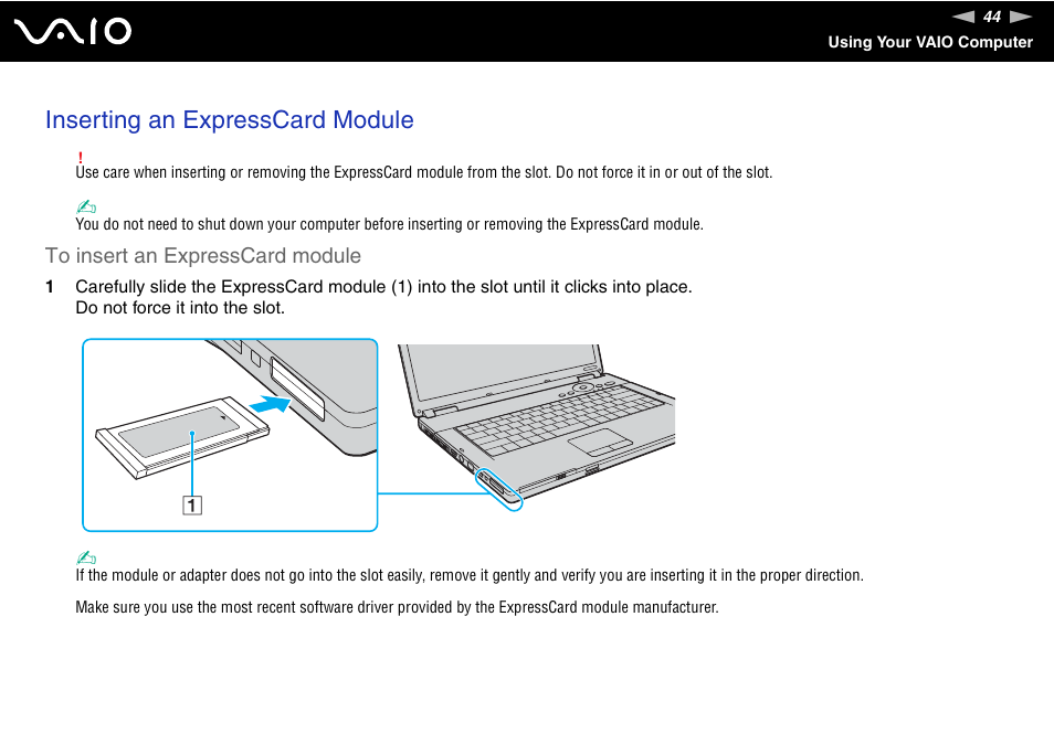 Inserting an expresscard module | Sony VGN-FZ145E User Manual | Page 44 / 181