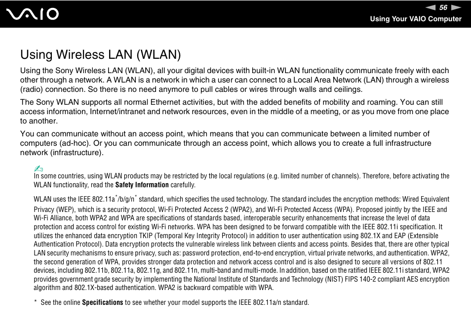 Using wireless lan (wlan) | Sony VGN-FZ145E User Manual | Page 56 / 181