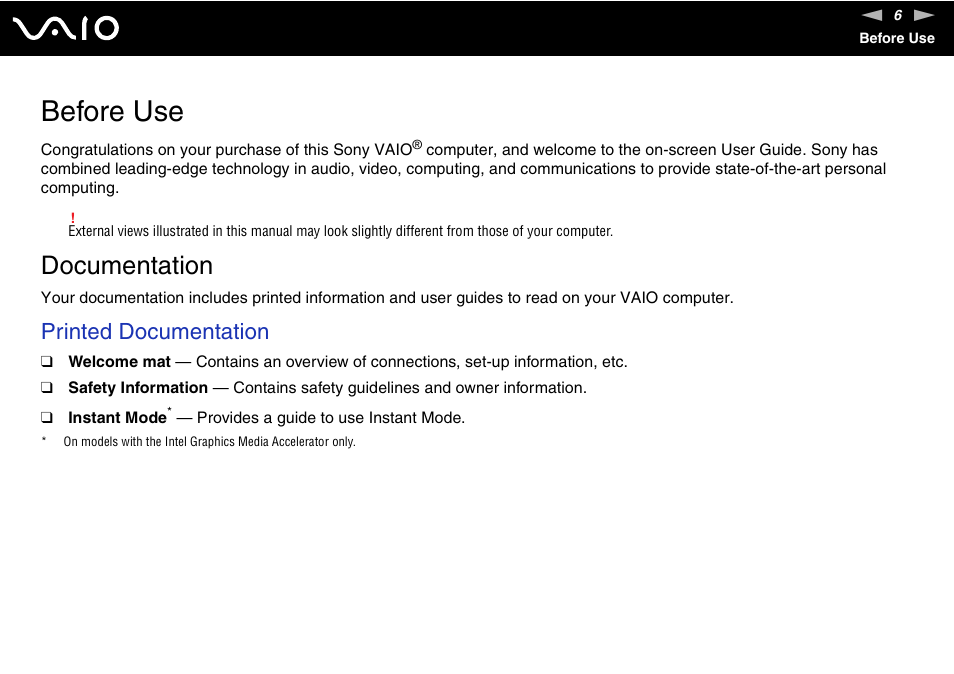 Before use, Documentation, Printed documentation | Sony VGN-FZ145E User Manual | Page 6 / 181