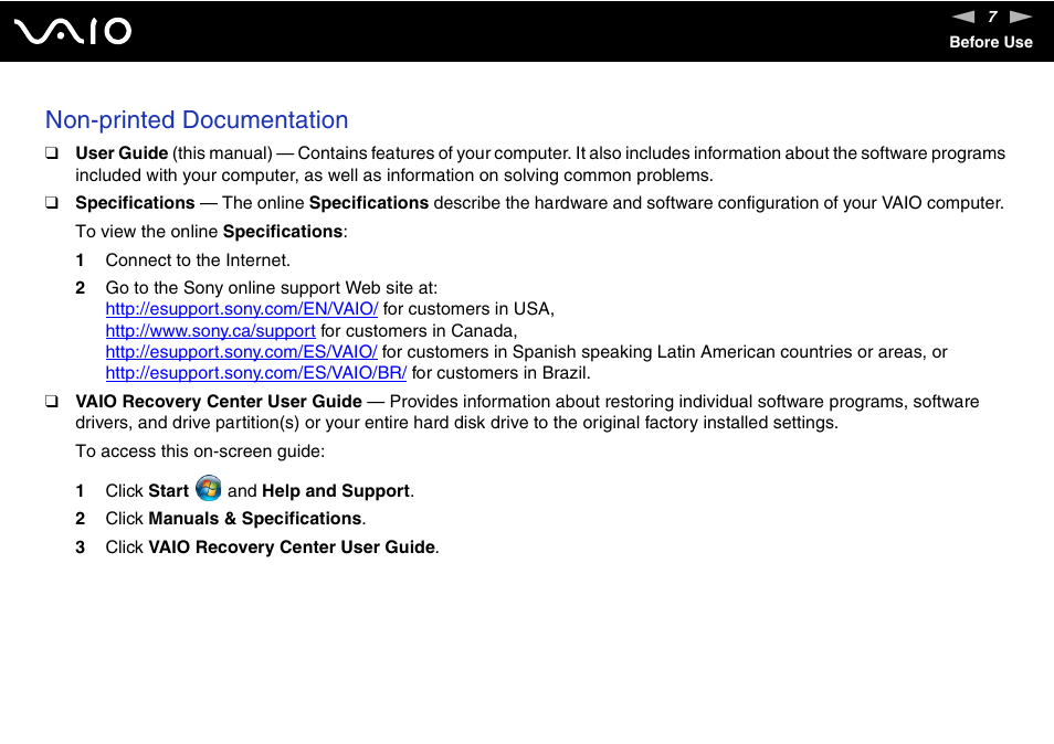 Non-printed documentation | Sony VGN-FZ145E User Manual | Page 7 / 181