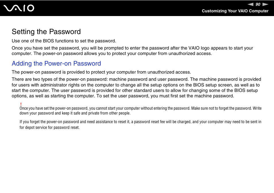 Setting the password, Adding the power-on password | Sony VGN-FZ145E User Manual | Page 90 / 181