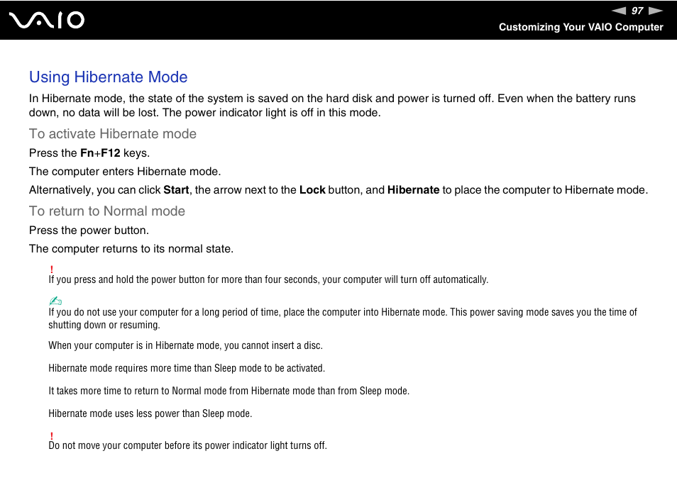 Using hibernate mode | Sony VGN-FZ145E User Manual | Page 97 / 181