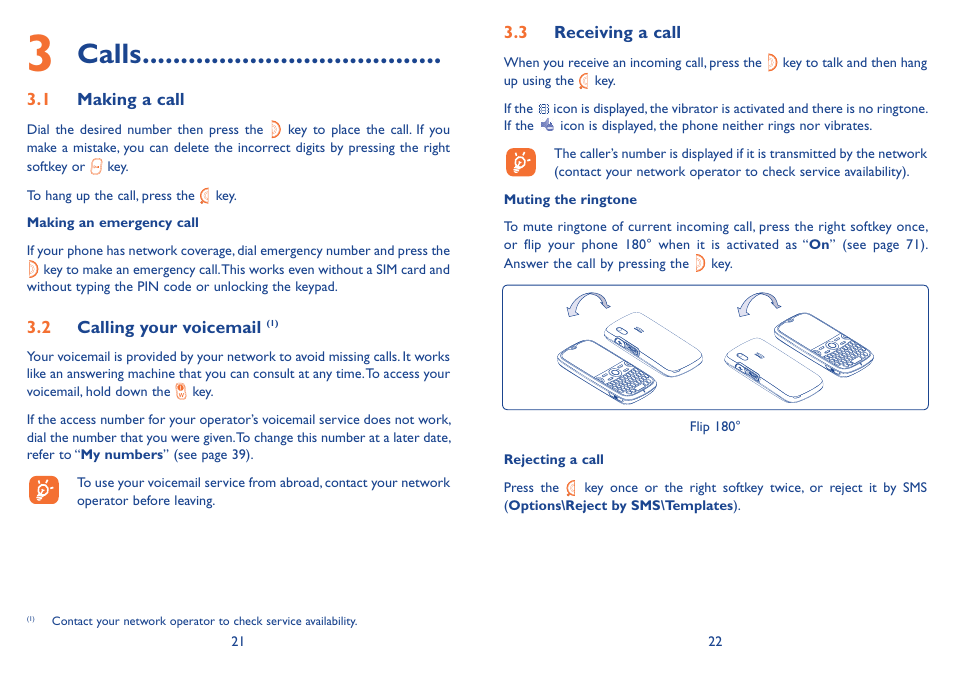 3 calls, 1 making a call, 2 calling your voicemail (1) | 3 receiving a call, Calls | Alcatel Alcatel One Touch Vibe Mobile Phone OT-800 User Manual | Page 12 / 44