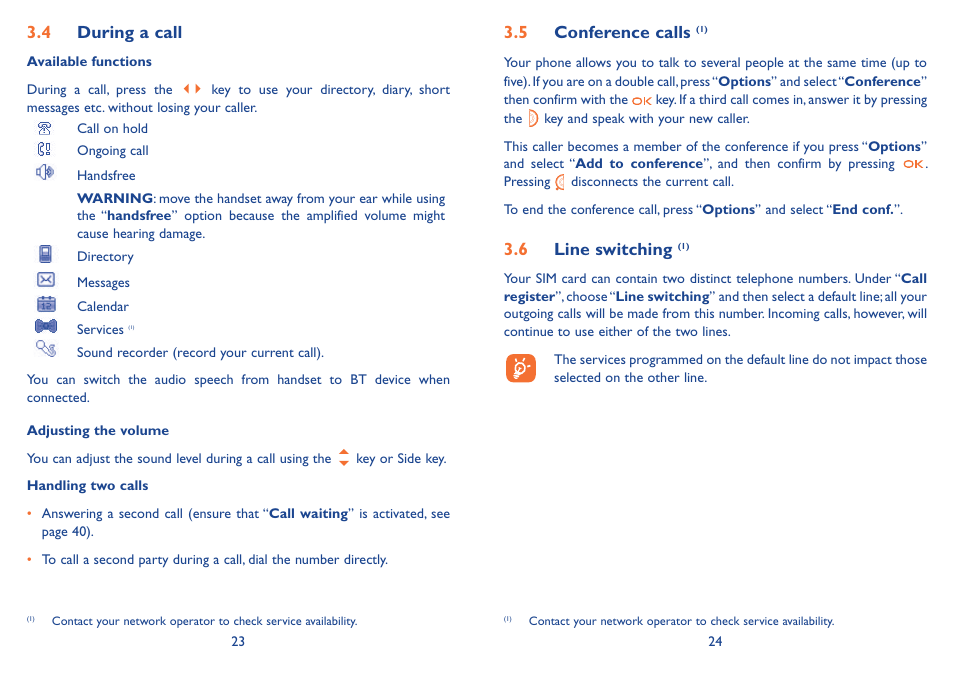 4 during a call, 5 conference calls (1), 6 line switching (1) | Alcatel Alcatel One Touch Vibe Mobile Phone OT-800 User Manual | Page 13 / 44