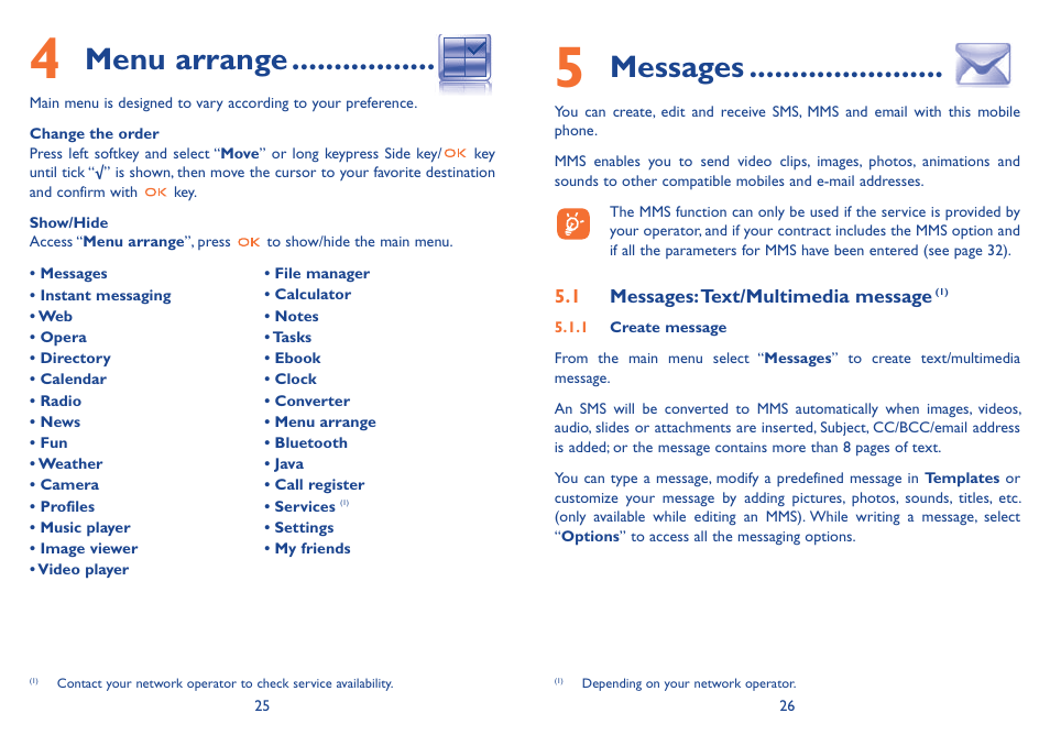 4 menu arrange, 5 messages, 1 messages: text/multimedia message (1) | 4 menu arrange 5 messages, 1 messages: text/multimedia message, Menu arrange, Messages | Alcatel Alcatel One Touch Vibe Mobile Phone OT-800 User Manual | Page 14 / 44