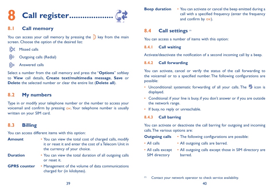 8 call register, 1 call memory, 2 my numbers | 3 billing, 4 call settings (1), Call register | Alcatel Alcatel One Touch Vibe Mobile Phone OT-800 User Manual | Page 21 / 44