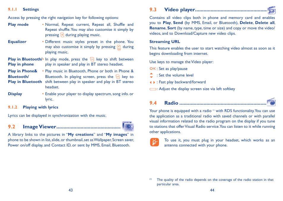 2 image viewer, 3 video player, 4 radio | 2 image viewer 9.3 video player 9.4 radio | Alcatel Alcatel One Touch Vibe Mobile Phone OT-800 User Manual | Page 23 / 44