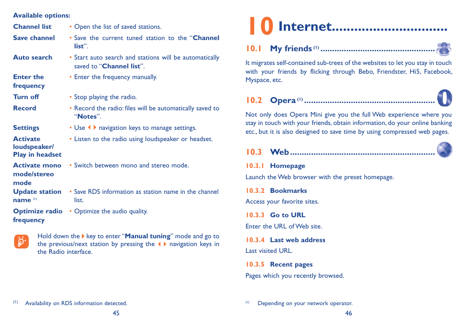 10 internet, 1 my friends, 2 opera | 3 web, 1 my friends 10.2 opera 10.3 web, Internet | Alcatel Alcatel One Touch Vibe Mobile Phone OT-800 User Manual | Page 24 / 44