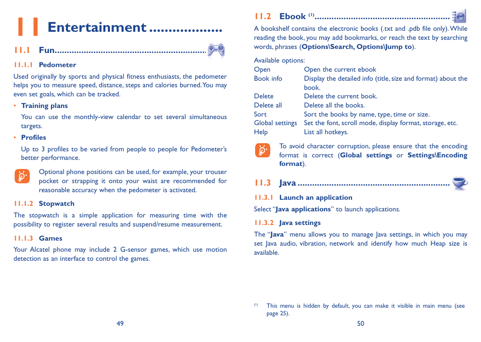 11 entertainment, 1 fun, 2 ebook (1) | 3 java, 1 fun 11.2 ebook 11.3 java, Entertainment | Alcatel Alcatel One Touch Vibe Mobile Phone OT-800 User Manual | Page 26 / 44