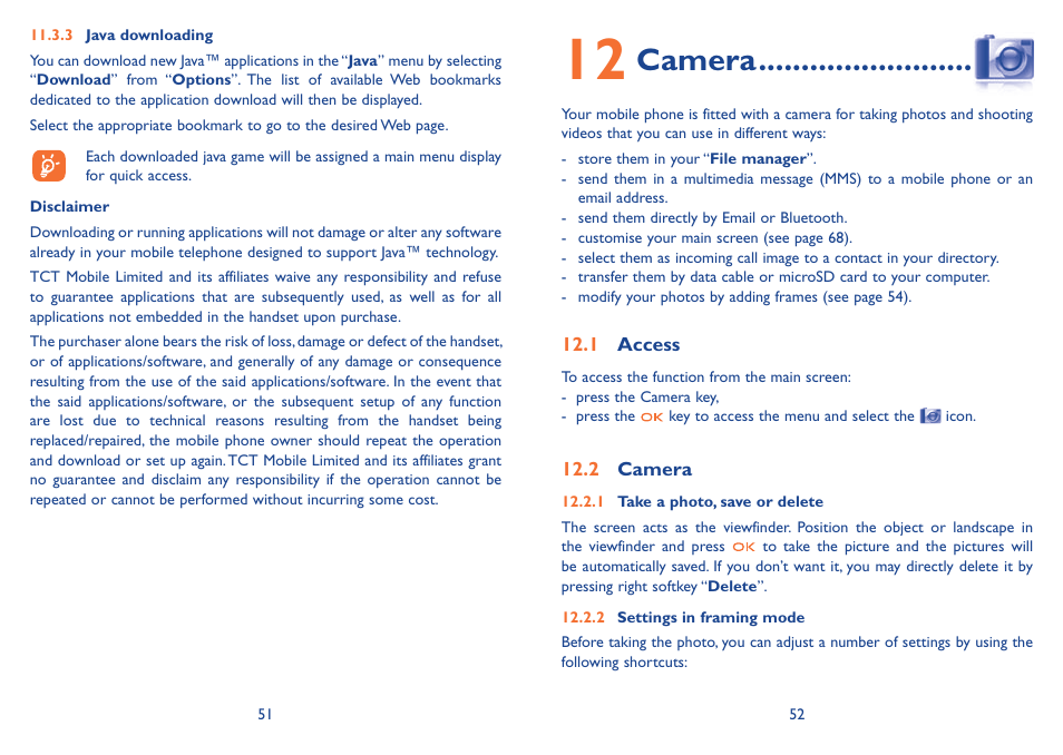 12 camera, 1 access, 2 camera | 1 access 12.2 camera, Camera | Alcatel Alcatel One Touch Vibe Mobile Phone OT-800 User Manual | Page 27 / 44