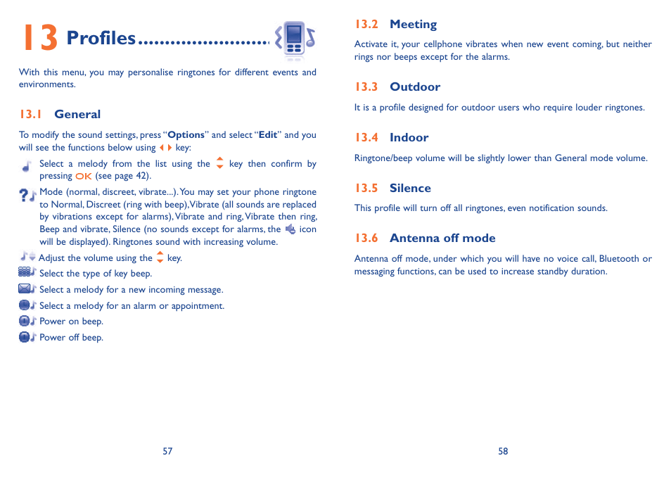 13 profiles, 1 general, 2 meeting | 3 outdoor, 4 indoor, 5 silence, 6 antenna off mode, Profiles | Alcatel Alcatel One Touch Vibe Mobile Phone OT-800 User Manual | Page 30 / 44